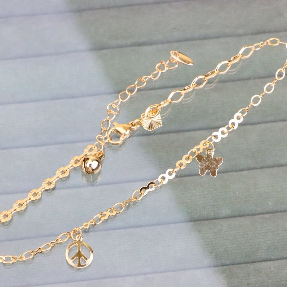 "Rose Gold Floral Chain Anklet with Peace & Heart Charms, XPAL1055